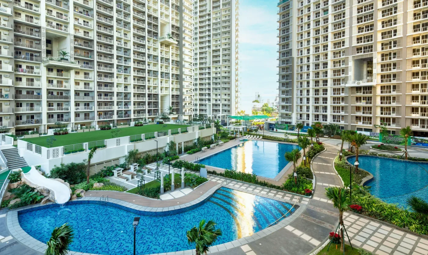 The pools and gardens between the two towers of Allegra Garden Place, Pasig