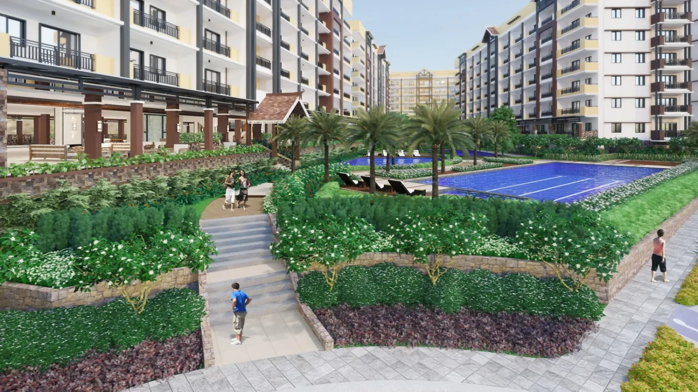 Landscaped gardens and multi-purpose court at Alea Residences