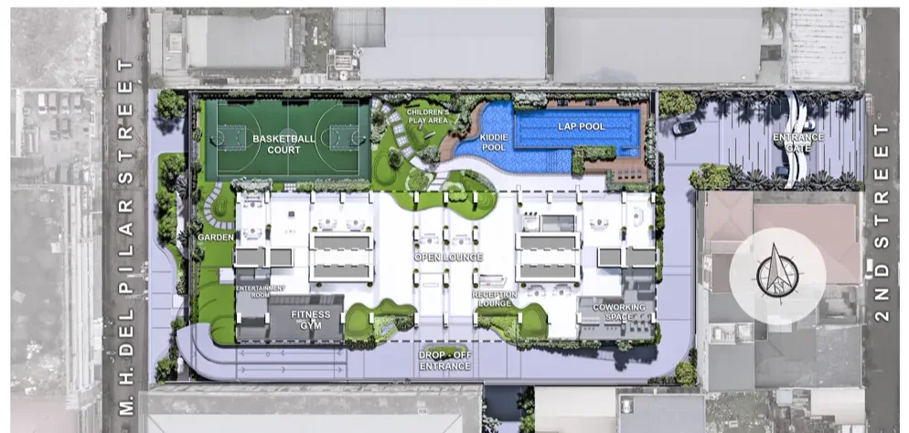 Ground floor site development plan of The Calinea Tower showing reception lounge, open lounge, fitness gym, coworking space and drop-off entrance