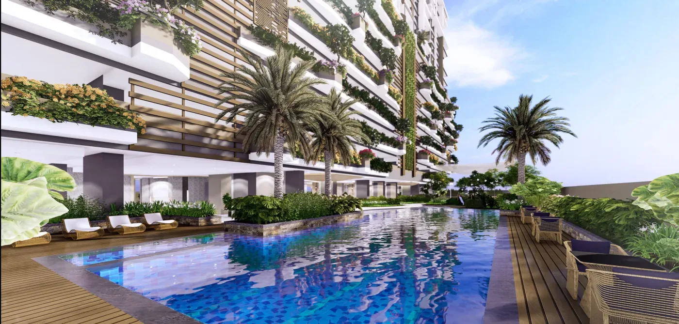 Lap pool on the fourth-floor amenity deck of The Calinea Tower