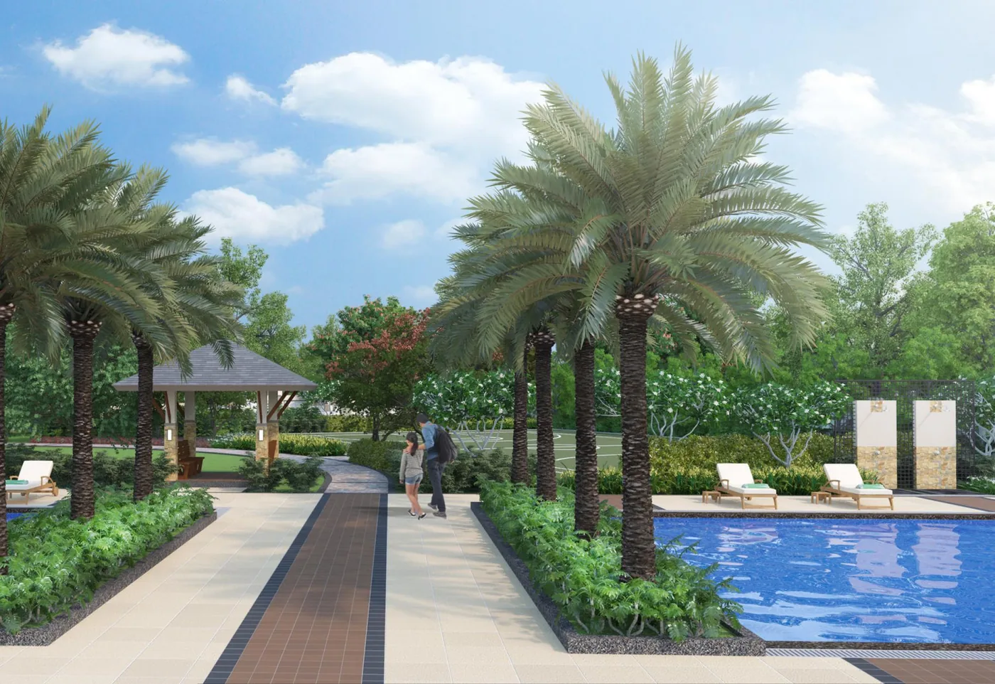 Artist's illustration of the Palm Promenade at The Celandine, a paved walk between palms leading to the pool