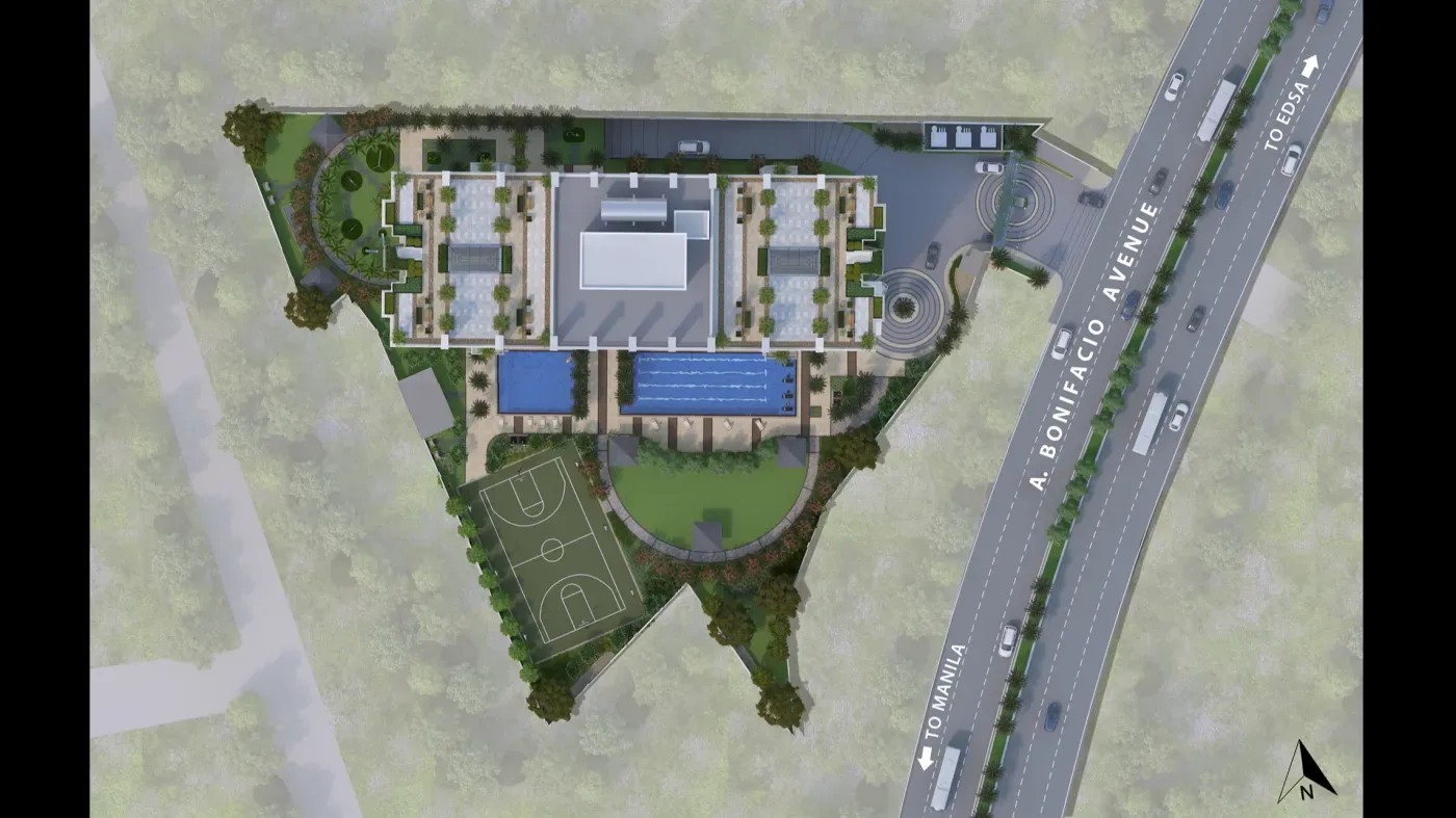The Celandine site development plan showing the tower, amenity deck and A. Bonifacio Avenue frontage