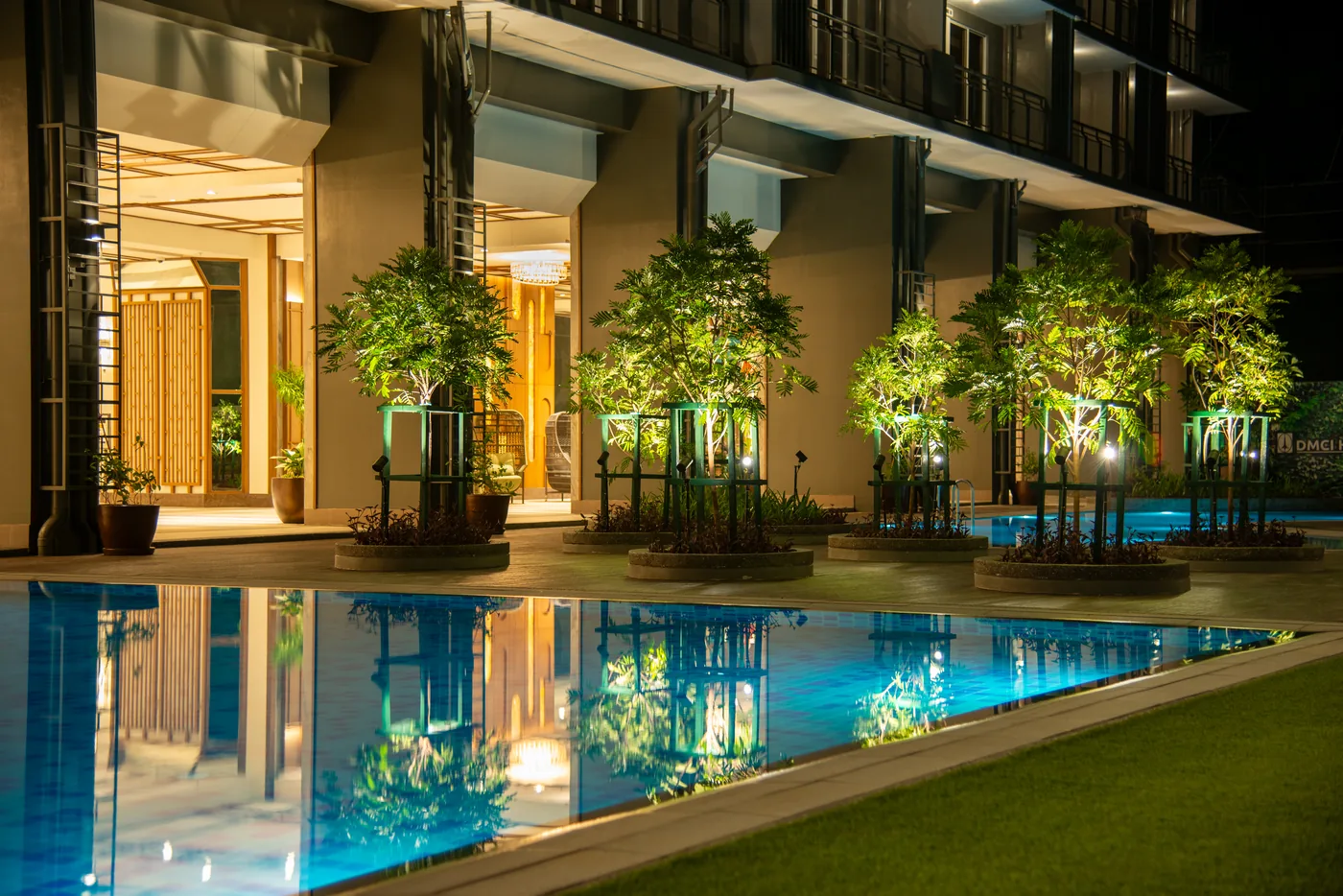 Lap pool at night at The Oriana, Quezon City