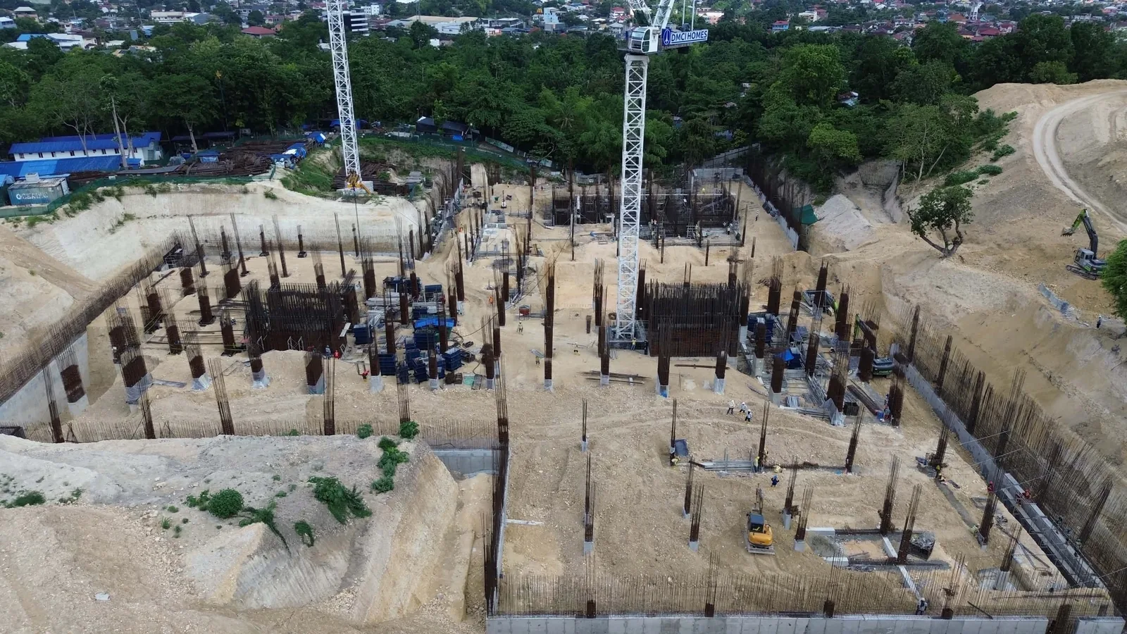 Kalea Heights construction progress, July 2026 — aerial view of the Leia foundation