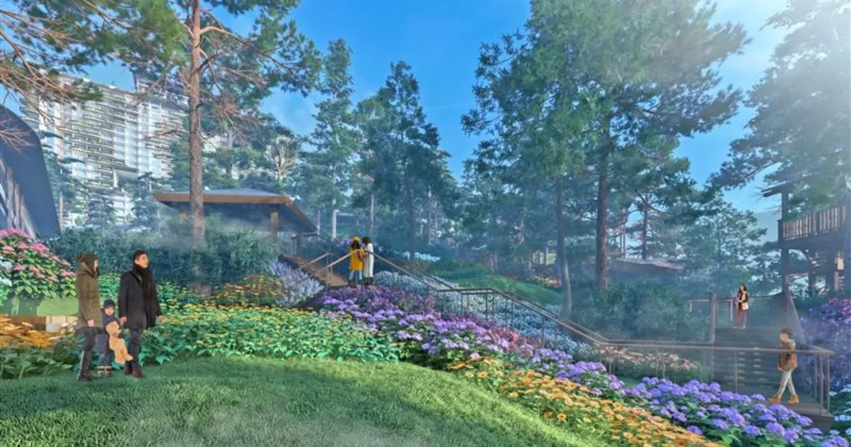 Moncello Crest — the elevated boardwalk and flower gardens with the towers beyond, Tuba, Benguet