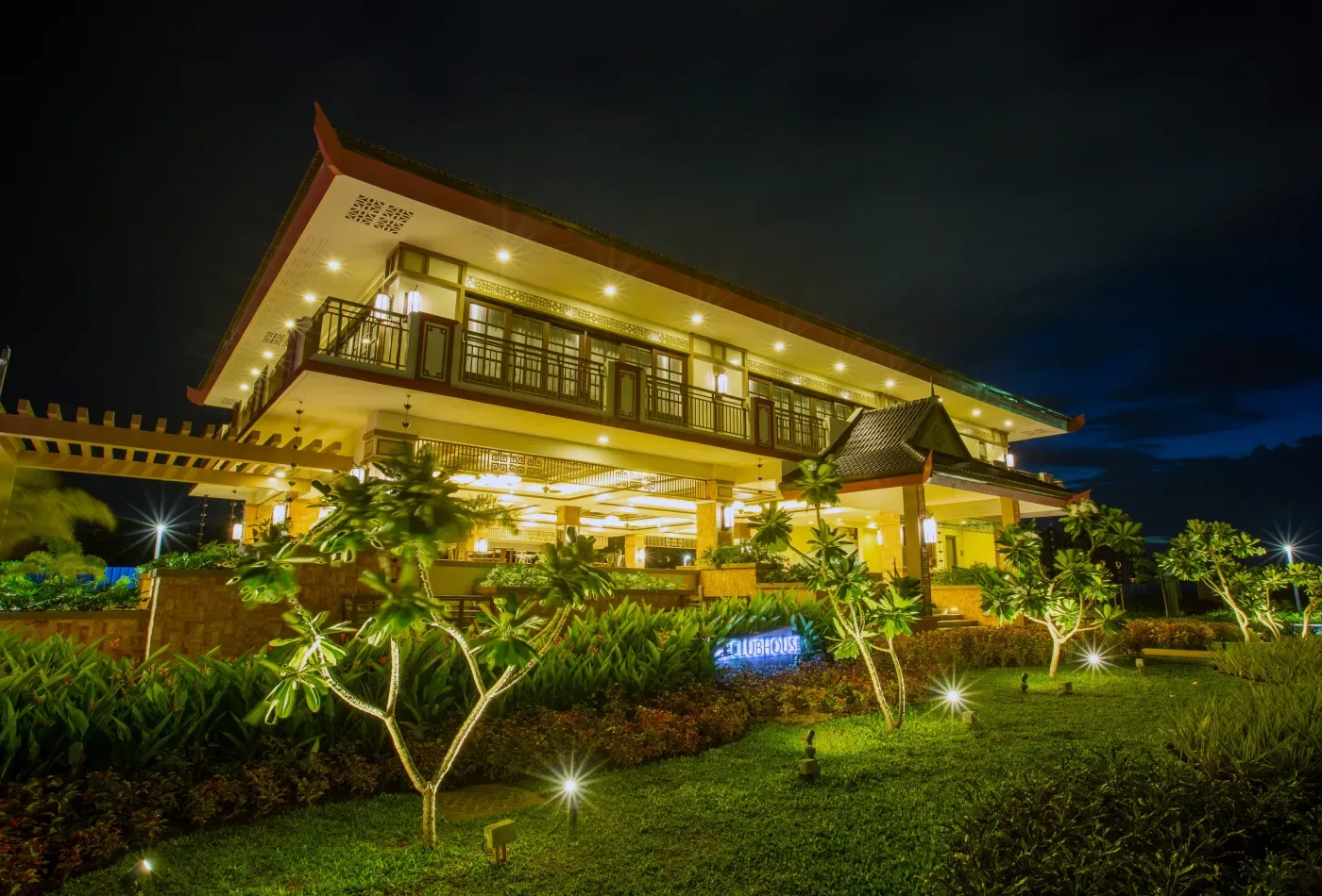 Mulberry Place clubhouse at night, Asian-Tropical pavilion architecture