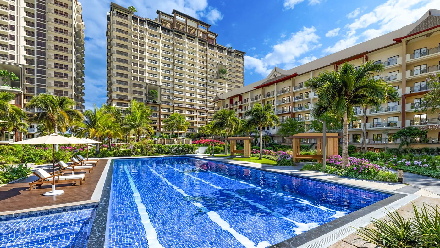 Mulberry Place Phase 2 lap pool with the high-rise towers behind