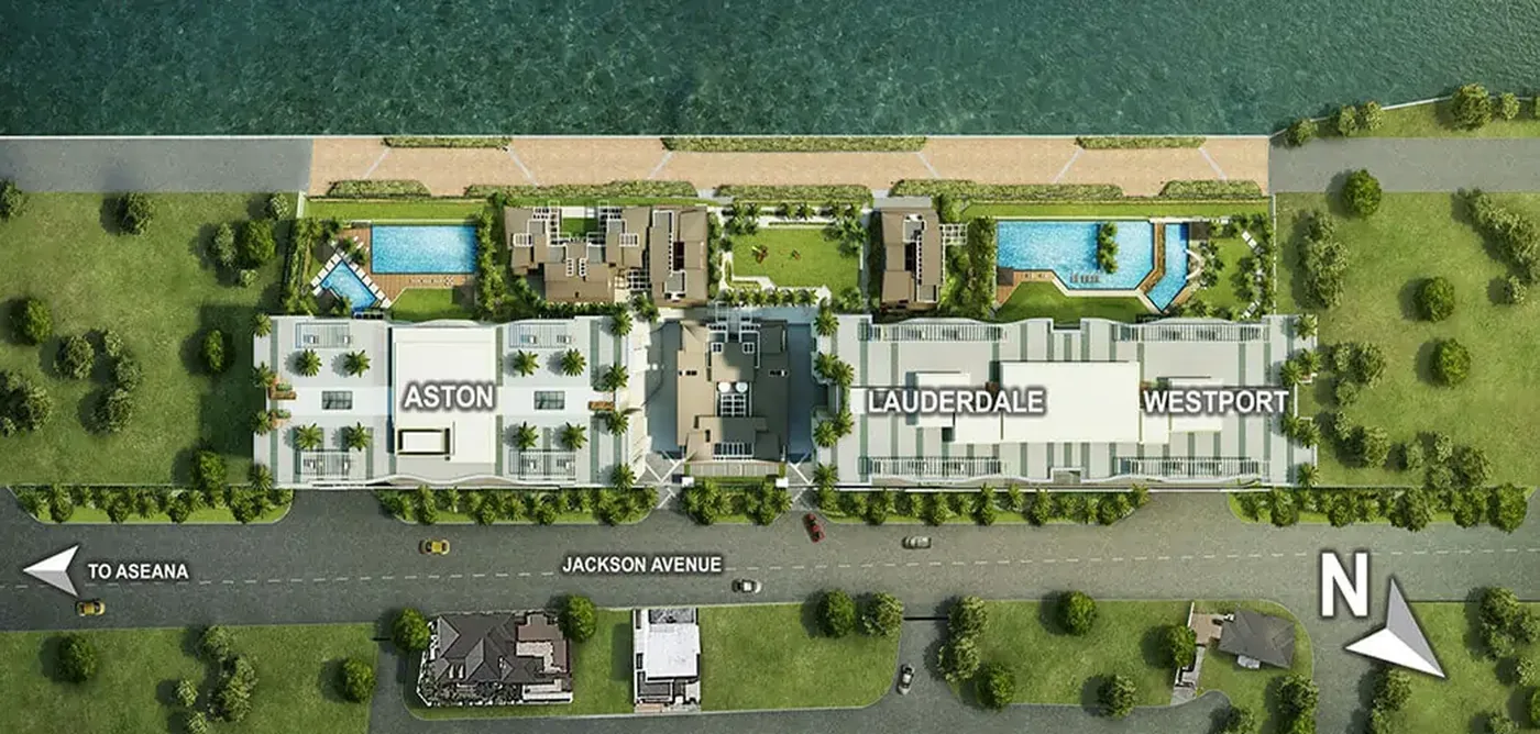 Oak Harbor Residences site development plan showing the Aston, Lauderdale and Westport buildings along Jackson Avenue